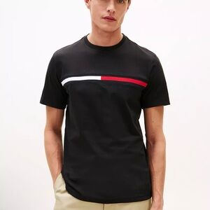 Men's Black Crewneck T-Shirt with Red & White Stripe NEW In Bag